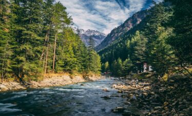 Beautiful landscape of river flowing through coniferous forest in Kasol, India with mountains in the background.