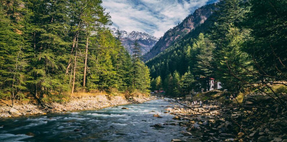Beautiful landscape of river flowing through coniferous forest in Kasol, India with mountains in the background.
