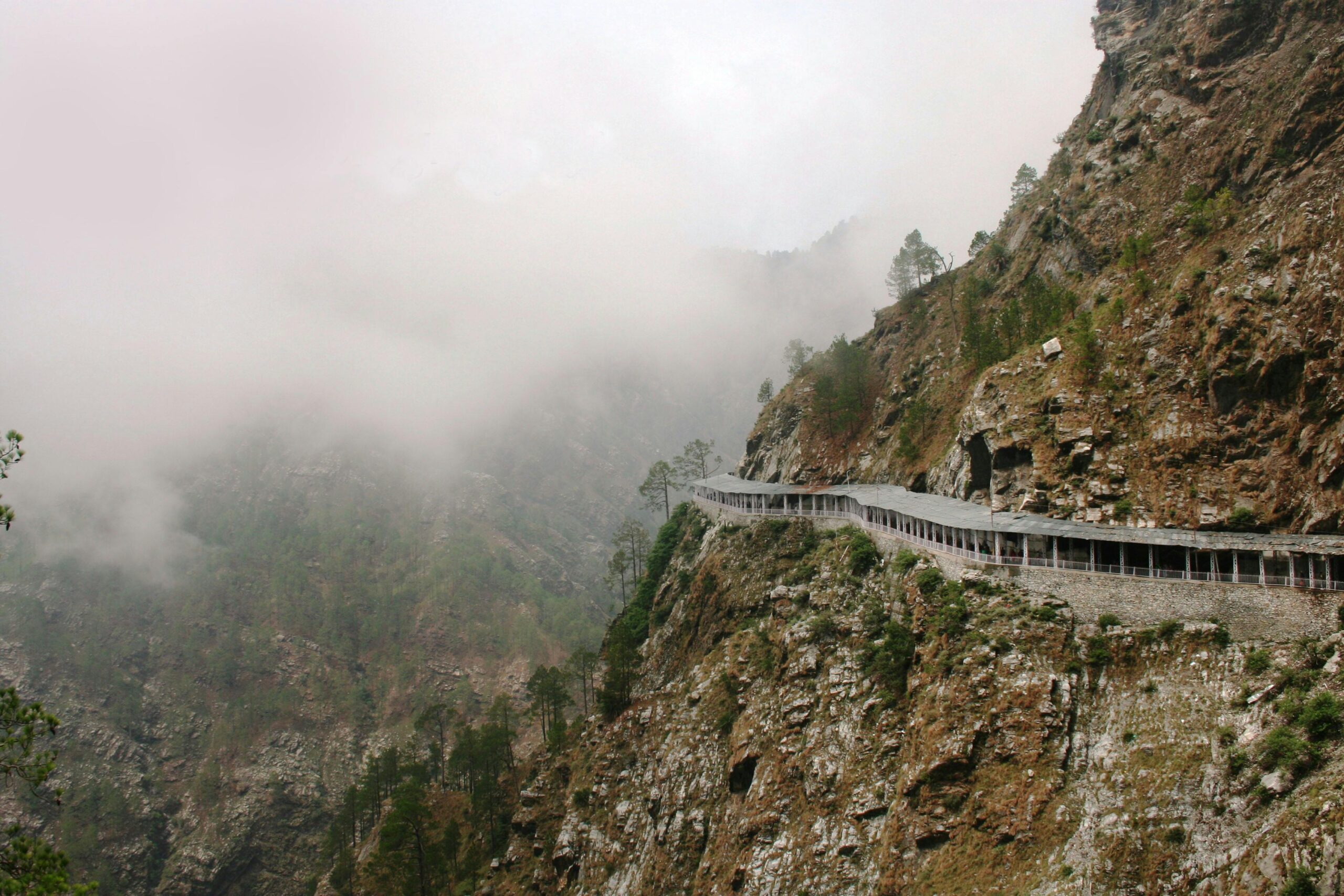 Discover a serene foggy mountain road winding through rocky terrain in a natural landscape.